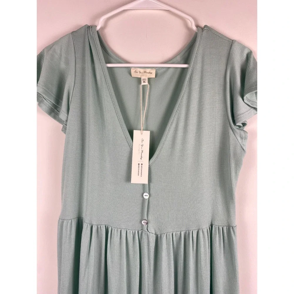 See You Monday Sage Green Ribbed Maxi Dress Flutter Sleeve V-Neck‎ XL NWT